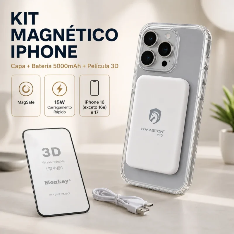 Kit Capa MagSafe iPhone Série 16 Exceto 16e 17 Power Bank 5000mAh Carregador Sem Fio Pelíc...