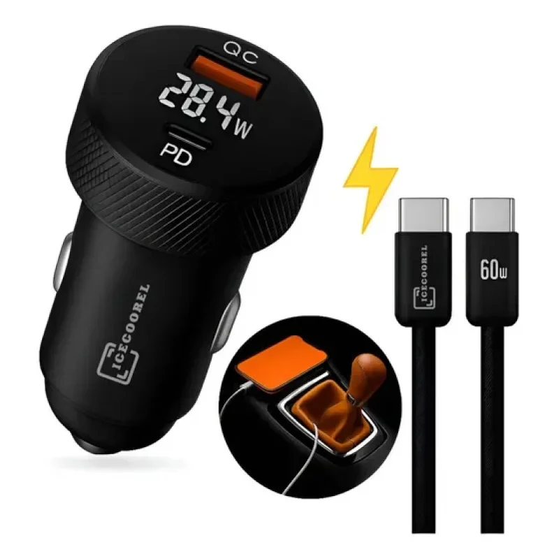 Kit Carregador Veicular Turbo 60w Usb-c Automotivo Carro Usb iPhone Android Tomada Carro Voltímetro Display Led Cinzeiro Extensao Saídas Preto Ice Coorel
