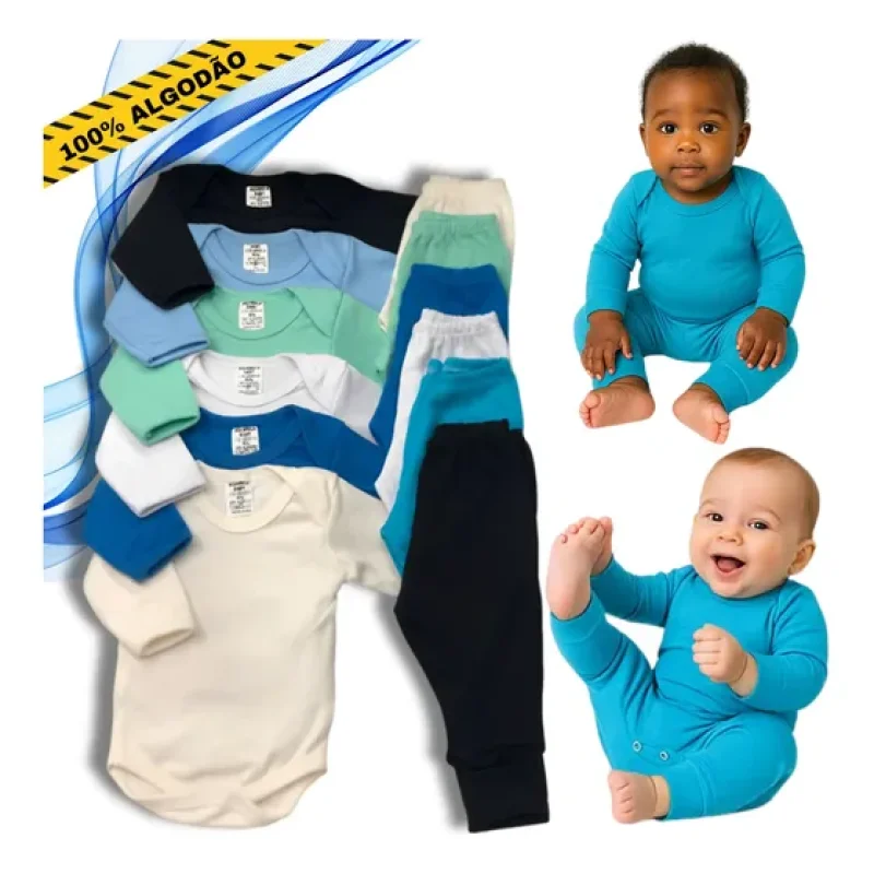 Kit De 6 Peças Body Manga Longa E Mijão Algodão Premium