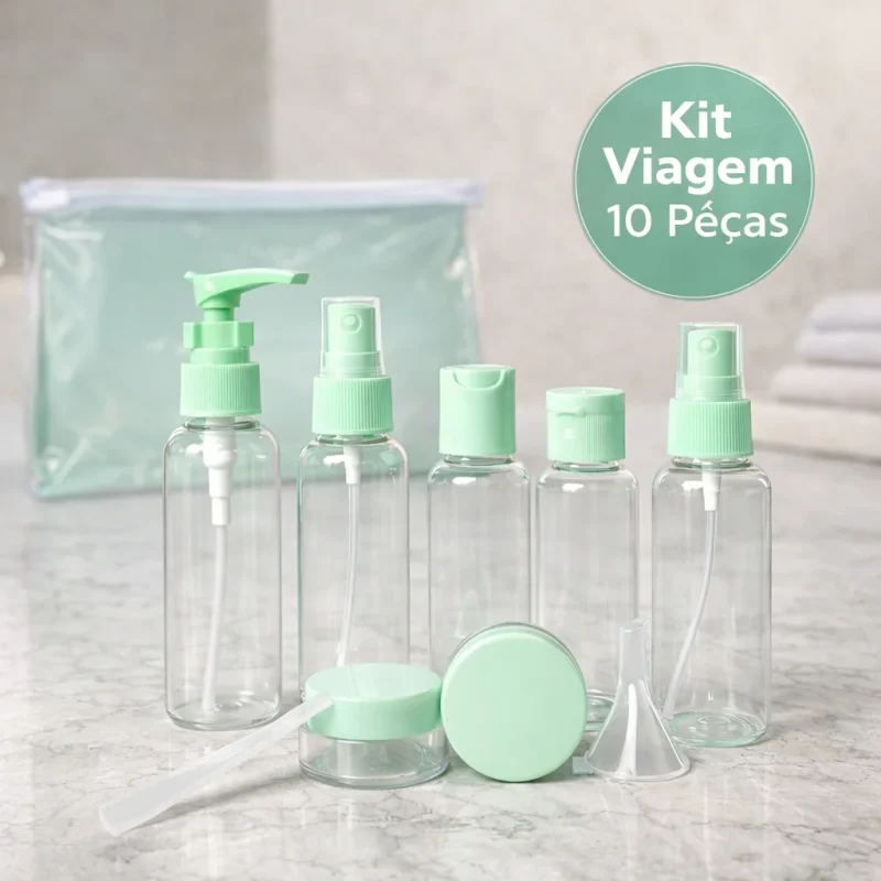 Kit Frascos Viagem 10 Peças com Necessaire | Pump, Spray e Potes
