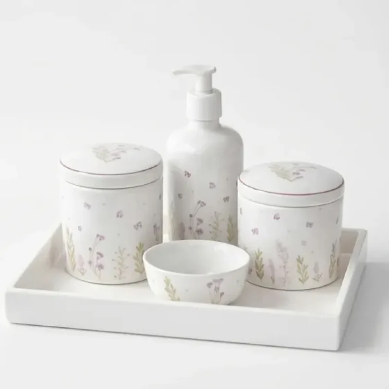 Kit Higiene 5 Peças Porcelana Jardim Lilás Bandeja Mdf