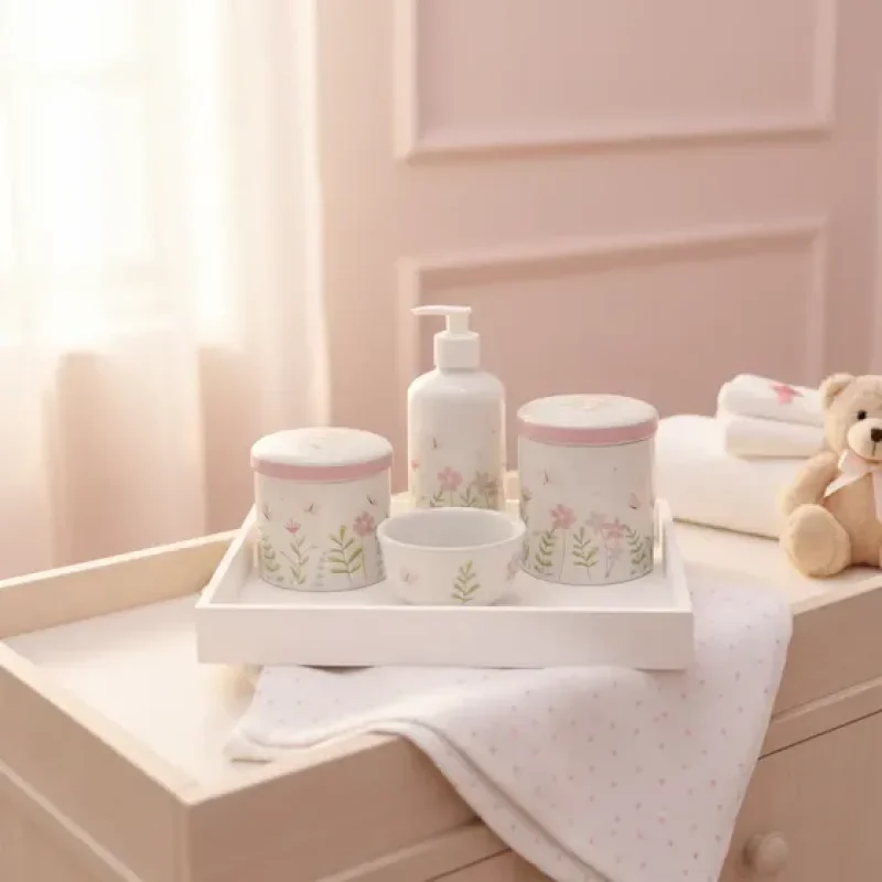 Kit Higiene Bebê Porcelana Floral Rosa Lindas Delicadas
