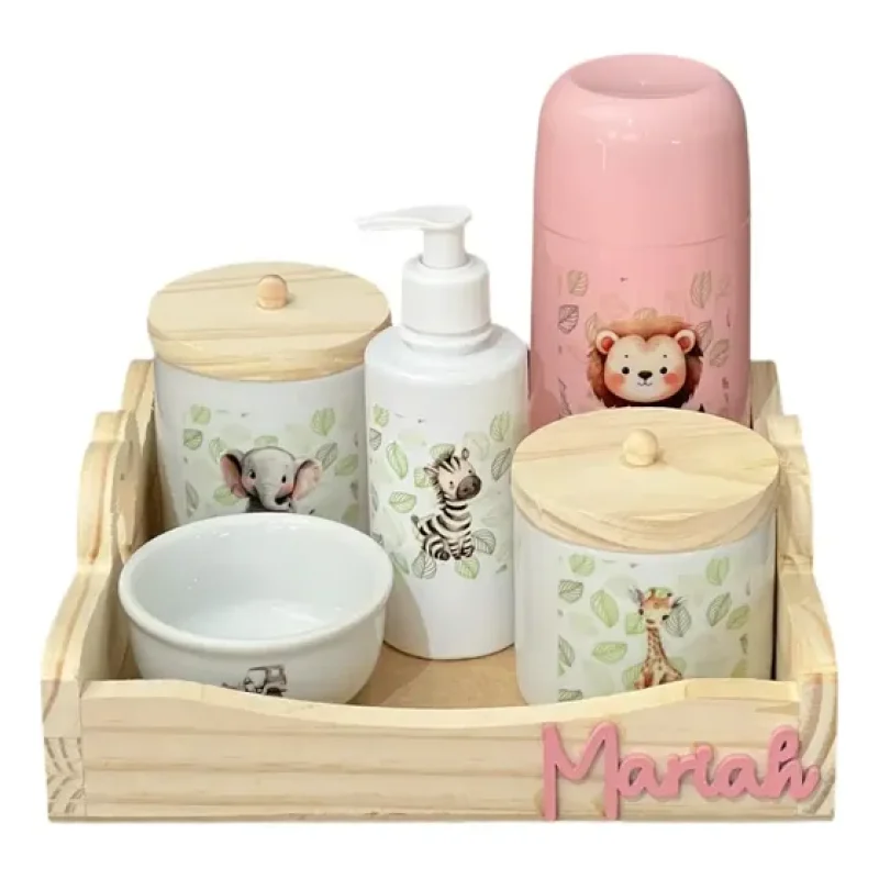 Kit Higiene Bebê Porcelana Safari Bandeja Nome Personalizado