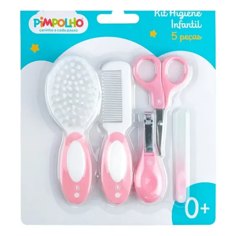 Kit Higiene Unha Infantil Bebê 5 Peças Pente Escova Cabelo Pimpolho Cor Rosa