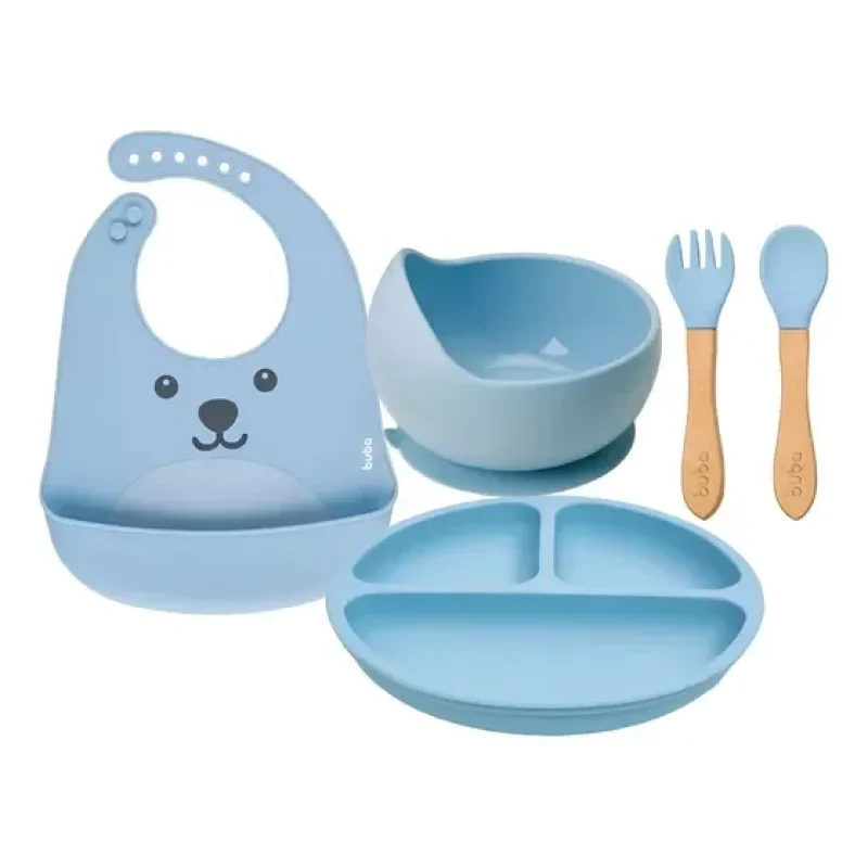 Kit Introducao Alimentar Prato Bowl Babador E Talheres Buba Cor Azul