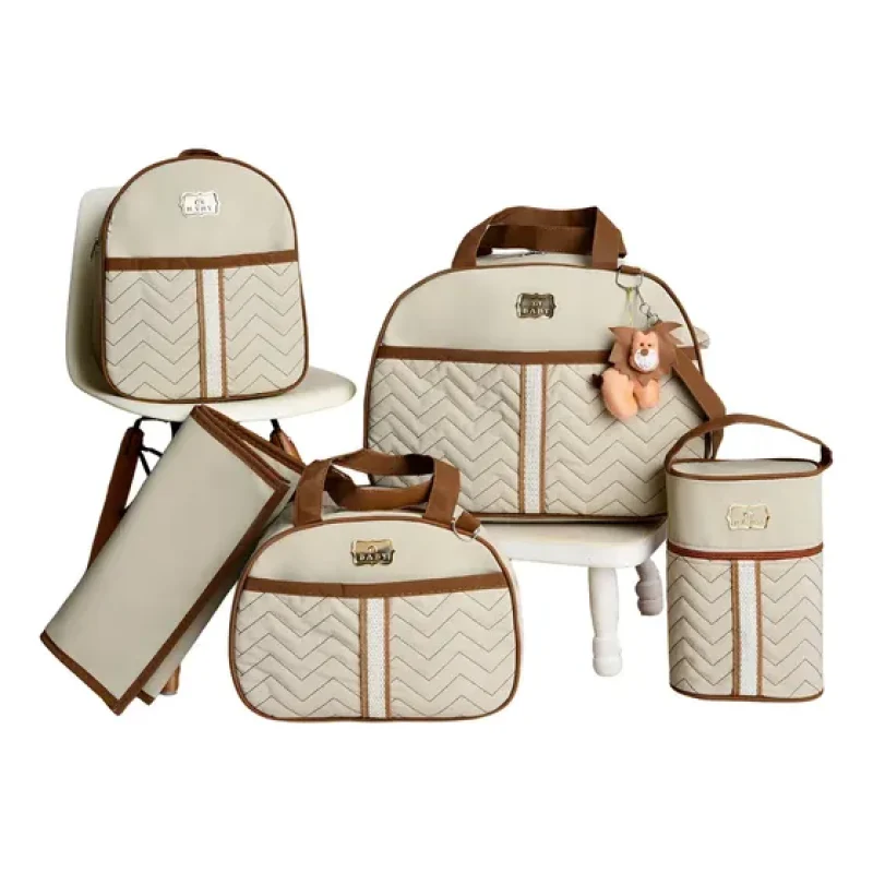 Kit Mala Maternidade Bolsa 5 Safari Porta Mamadeira Cor Bege Desenho Do Tecido Leão
