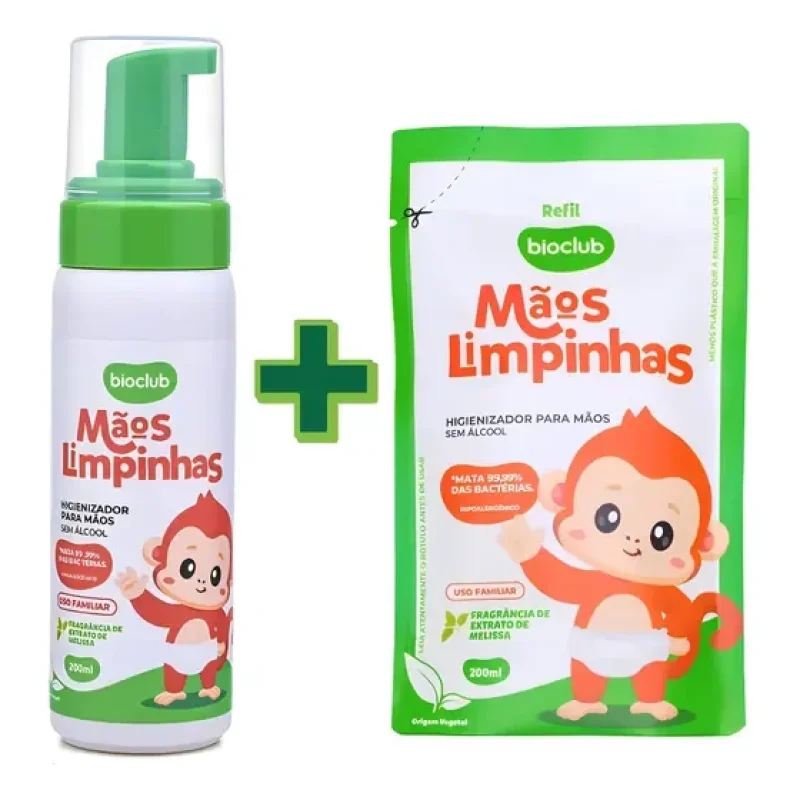 Kit Mãos Limpinhas Higienizador 200ml Bebê + Refil Bioclub