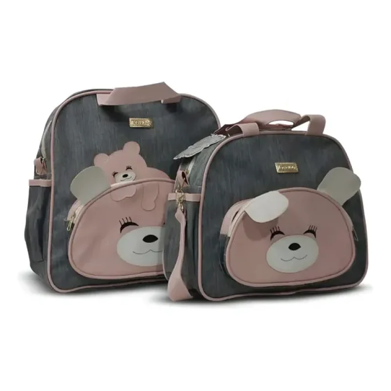 Kit Mave Baby Sacola Mochila Maternidade Frasqueira Ursão Cor Cinza Rosa