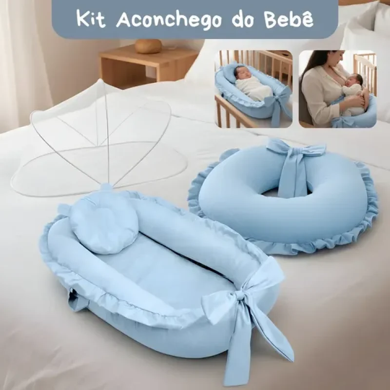 Kit Ninho Redutor e Almofada Amamentação e Mosquiteiro Bebê Maternidade Toque Macio Cor Azul Claro