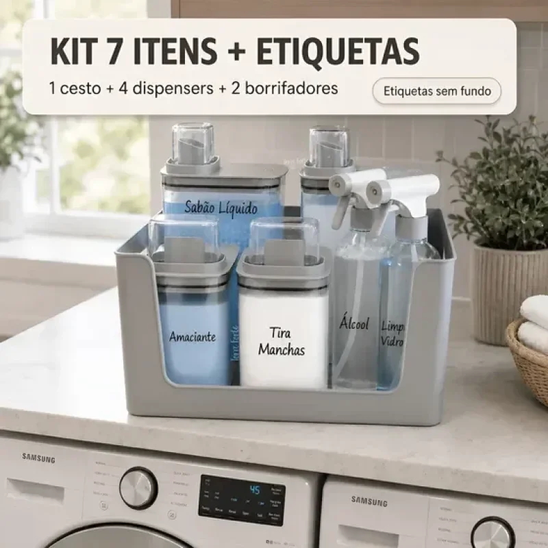 Kit Organizador Lavanderia Dispenser Sabão Cesto Borrifador
