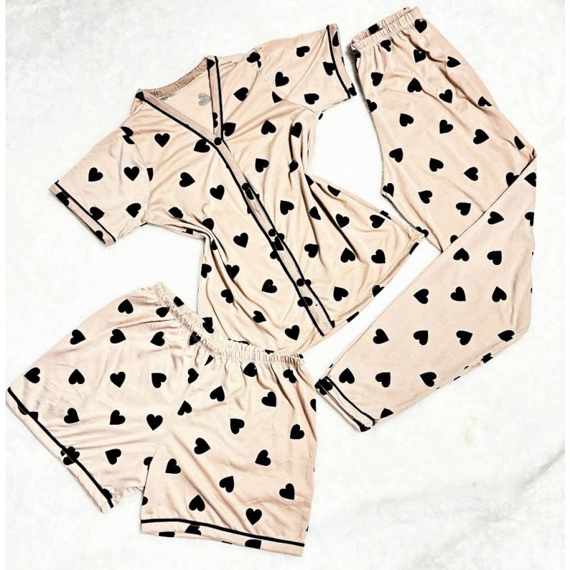 Kit Pijama Feminino 3 Peças Americano Camisa Botões + Calça + Short Conforto Malha Amamen...