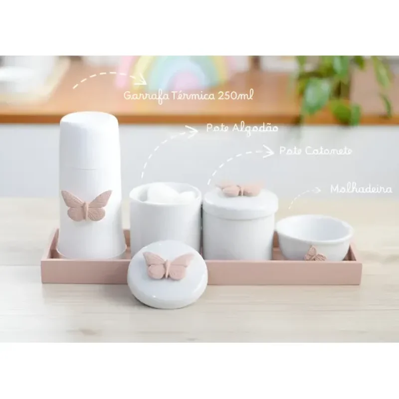 Kit Porcelana Higiene Bebê Meninas Borboleta Rosê Quarto