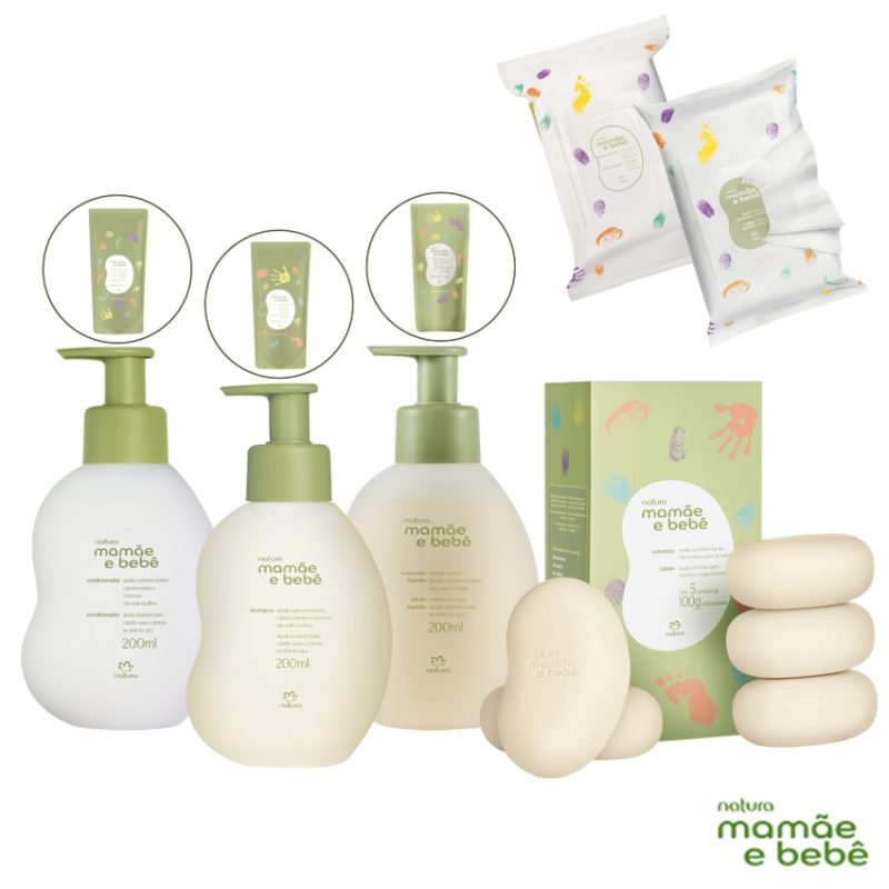 Linha Mamãe e Bebê Natura: Shampoo, Condicionador, Sabonete Líquido/Barra, Saboneteira ou ...
