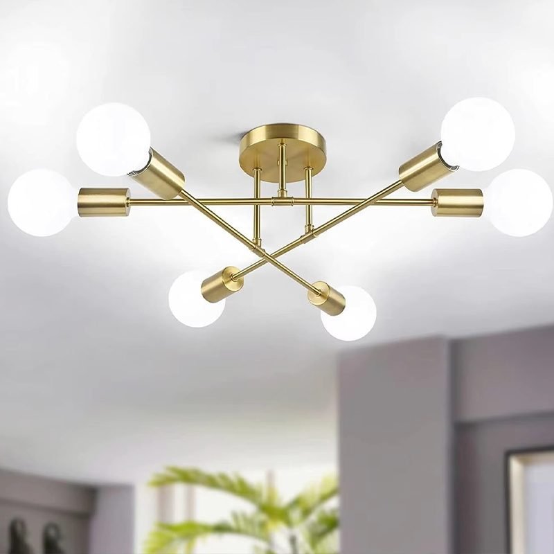 Lustre moderno semi-embutido, iluminação nórdica antiga dourada, adequado para sala de est...