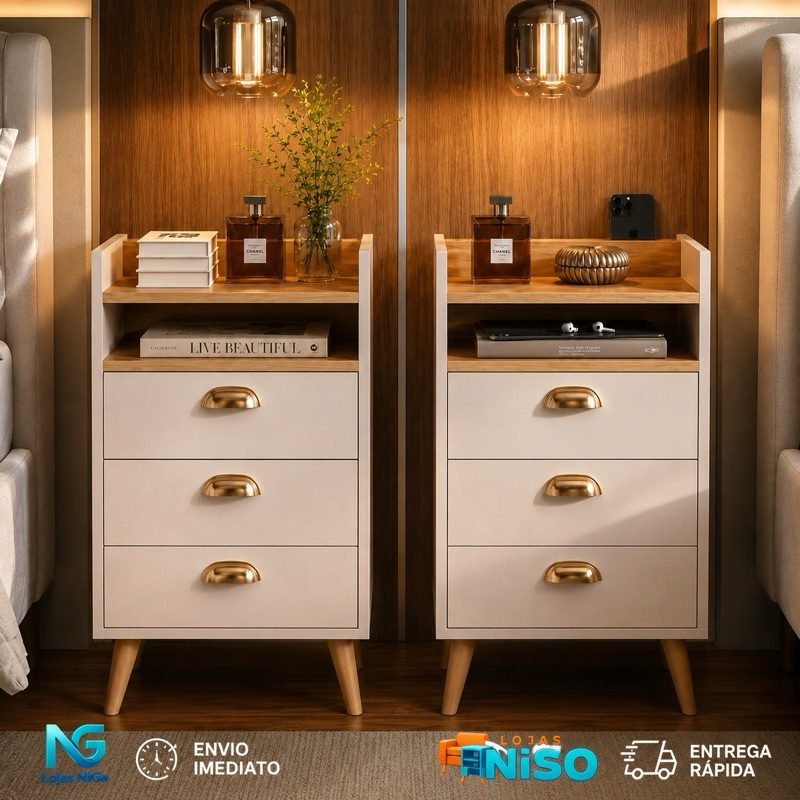 Mesa de Cabeceira Luxo Concha porta celular Monet 04 Gavetas Pés Palito Quarto Organizador...