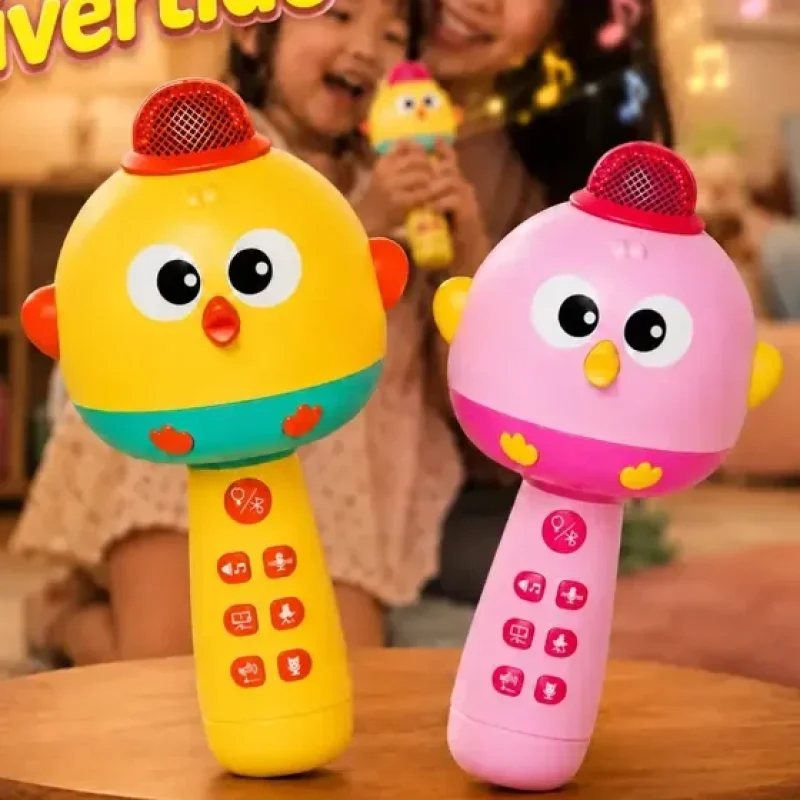 Microfone Musical Karaokê Infantil Com Som Luzes Músicas Botões Colorido Brinquedo Educativo Sensorial Interativo Para Bebês Crianças Cantar Dançar Diversão Coordenação Amarelo Flow Dimension
