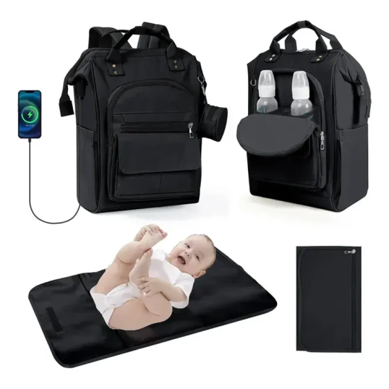 Mochila Maternidade NTESX Impermeável Preta com Bolsos Térmicos, Trocador e Ganchos para Carrinho