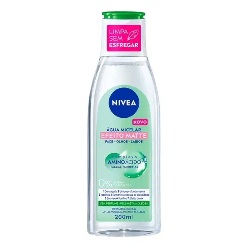 NIVEA Água Micelar Solução de Limpeza 7 em 1 Efeito Matte 200ml, Demaquila, Limpa Profundamente, Controla Oleosidade, Cuidado Facial, Pele Mista e Oleosa