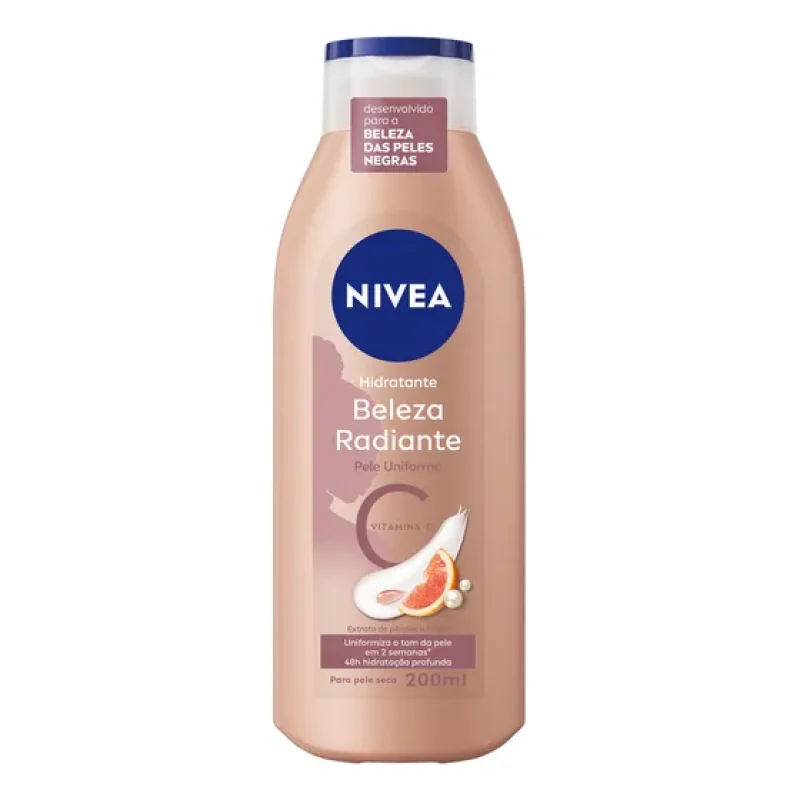NIVEA Hidratante Corporal Beleza Radiante Pele Uniforme 200ml, BBB 26, Hidratação Profunda 48h, Tom Uniforme, Brilho Natural, Pele Seca