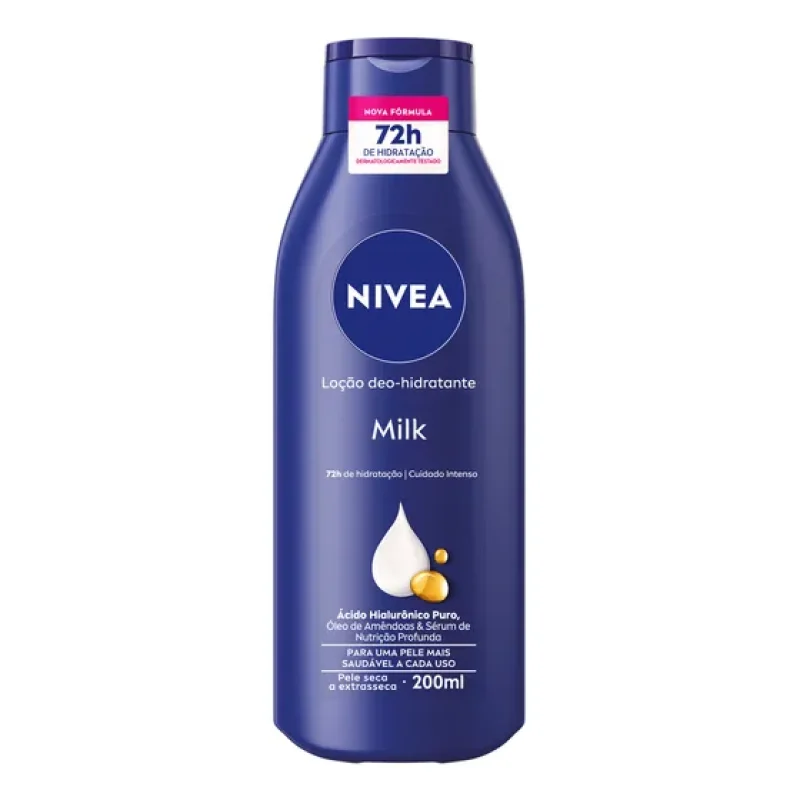 NIVEA Loção Deo-Hidratante Milk 200ml, Hidratação Profunda 72h, BBB 26, Corporal, Hialurônico Puro, Pele Seca e Extrasseca