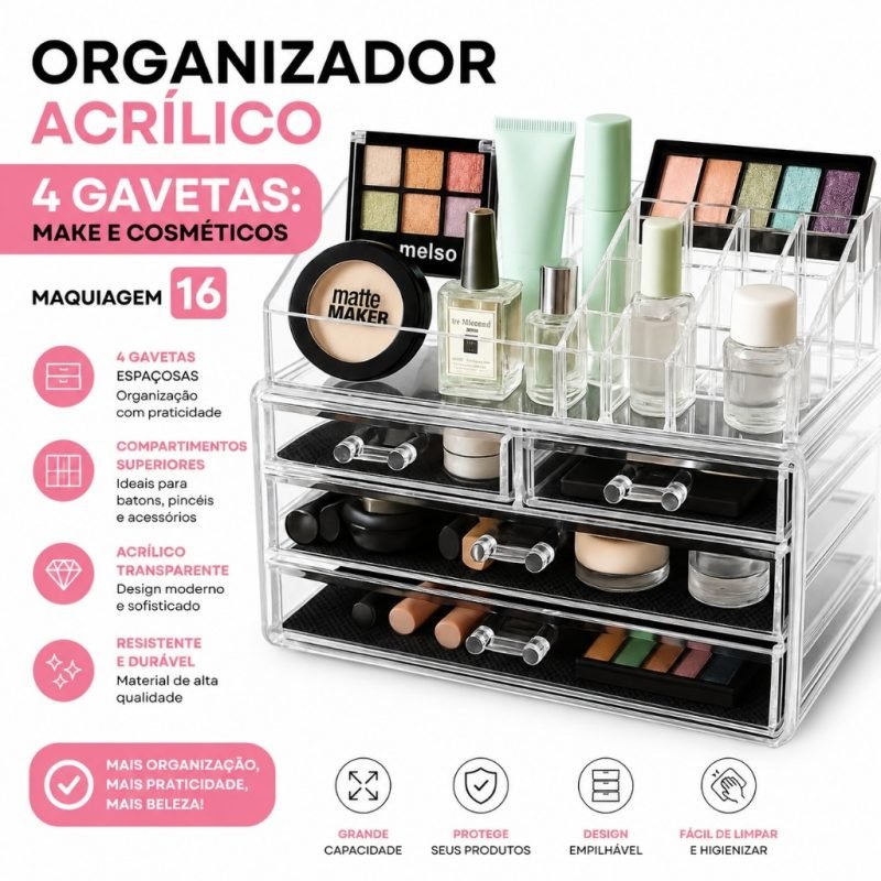Organizador Acrílico 4 Gavetas: Make e Cosméticos, Maquiagem 16 Cavidades p/Organização Co...