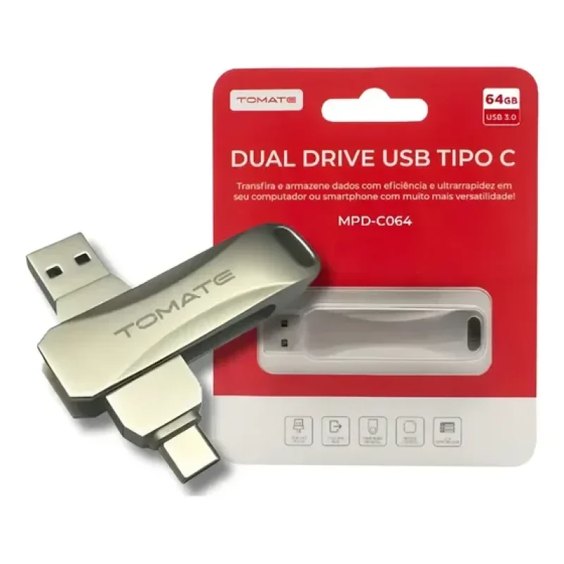 Pen Drive Dual 64GB USB 3.0 USB-A USB-C Prateado Compacto Tomate