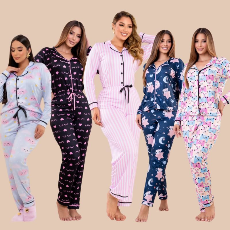 Pijama Feminino Americano Longo Pós Cirúrgico Amamentação Inverno Stitch Estapas listra R...