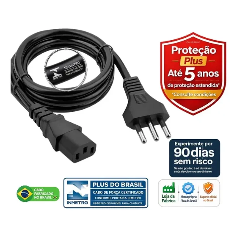 Plus Do Brasil Cabo De Força Energia 10a Tripolar P/ Pc Fonte Computador Cpu Monitor Eletrônicos C13 Panela Eletrica Pressão Robo Aspirador Br - Certificado Inmetro - Fabricado No Brasil