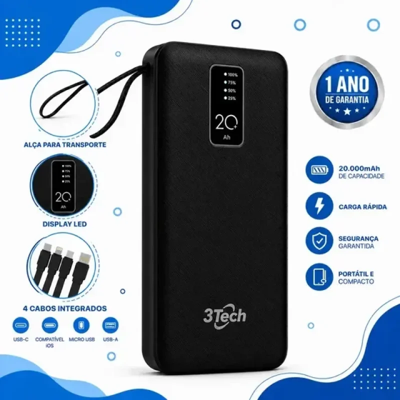 Power Bank 20000mah Carregador Portátil 4 Cabos Integrados Visor Digital Lanterna Led Usb Tipo C Compatível iPhone Samsung Xiaomi Android Bateria Externa Carrega 4 Dispositivos