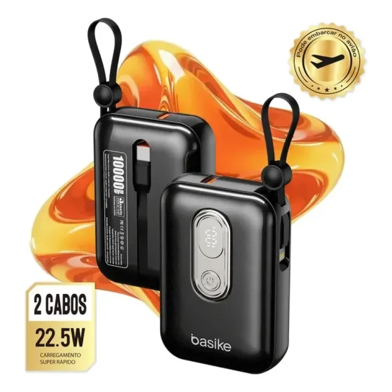 Power Bank Basike 10.000mAh Com Cabo Integrado p/ iPhone e Android – Carga Turbo 22.5W