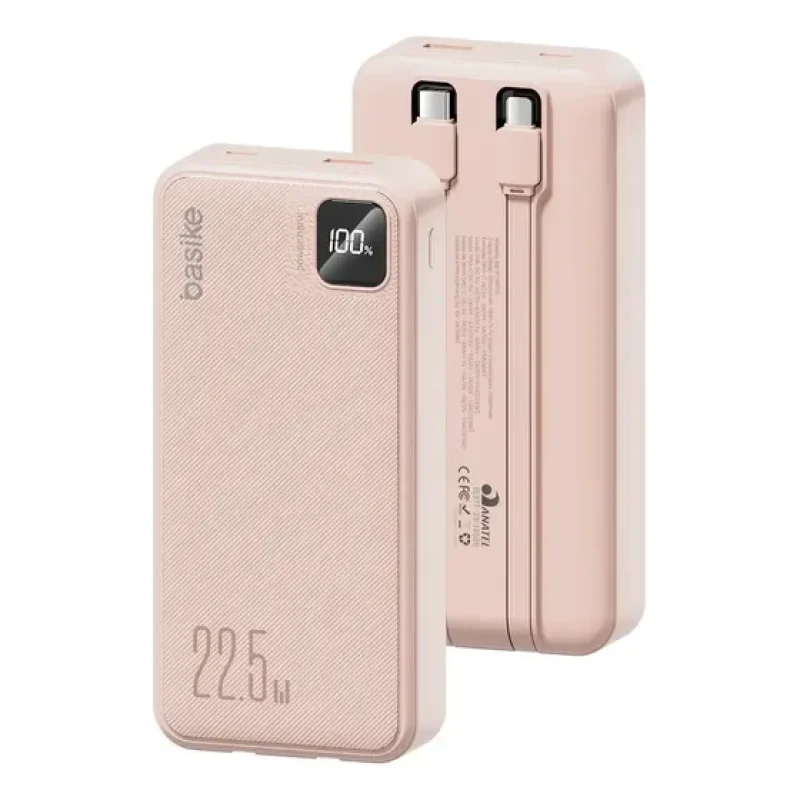 Power Bank Basike 20000mAh Rosa, Carga Rápida 22.5W para iPhone e Samsung, Com Cabos Embutidos e Display