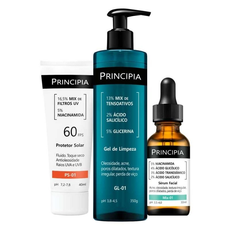 Principia Kit Anti-Acne Trio c/ Gel de Limpeza GL-01 + Sérum Mix-01 + Protetor Solar Faci...