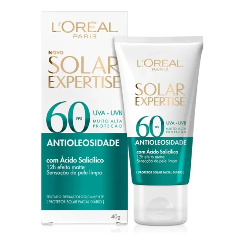 Protetor Solar Facial Antioleosidade FPS60, Controle de Oleosidade por 12h, Efeito Matte Sem Cor, Solar Expertise L'Oreal Paris, 40g