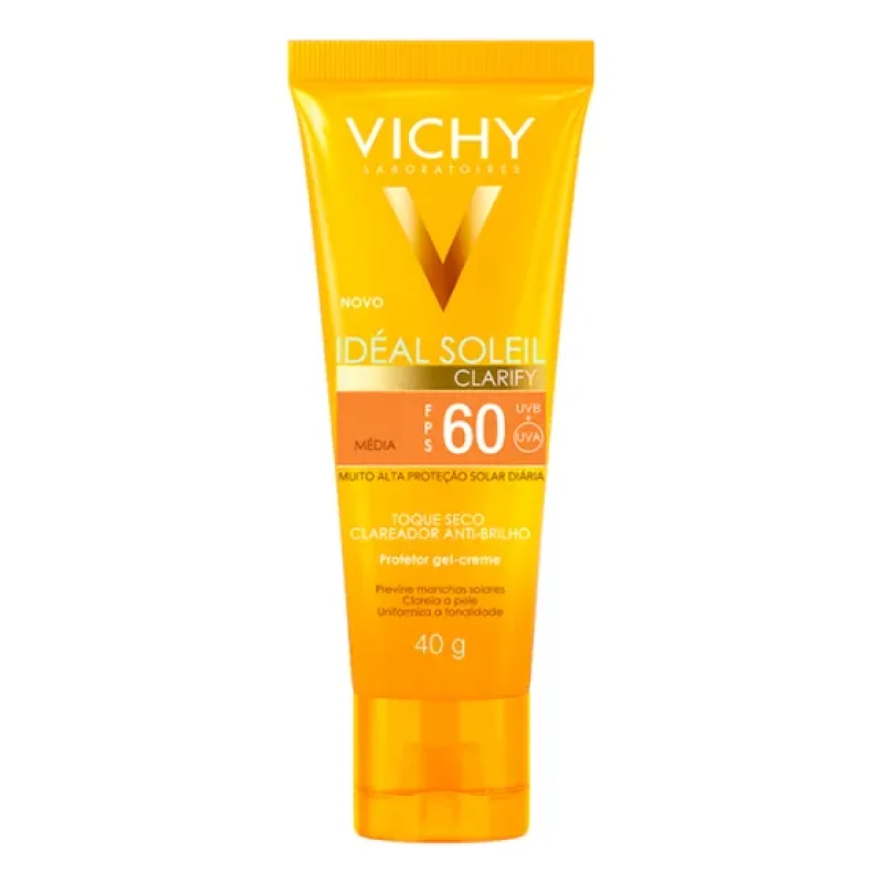 Protetor Solar Facial com Cor Média FPS60 Previne Manchas Clareia e Uniformiza a Pele Textura Toque Seco Anti-Brilho Capital Soleil Clarify Vichy 40g