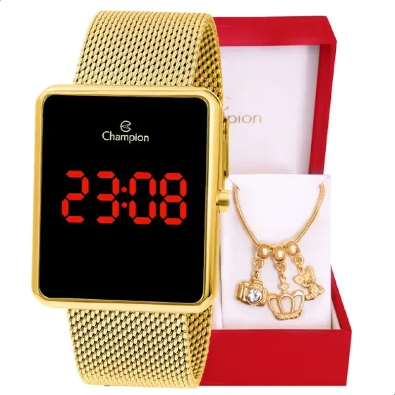 Relógio Feminino Champion Digital Dourado Ch40083 + Pulseira Fundo Preto