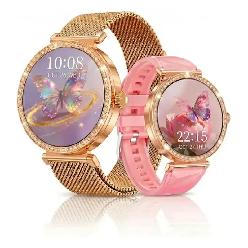 Relógio Inteligente Mulher Smartwatch Feminino Com Diamante Redondo Milanês Rosa-claro