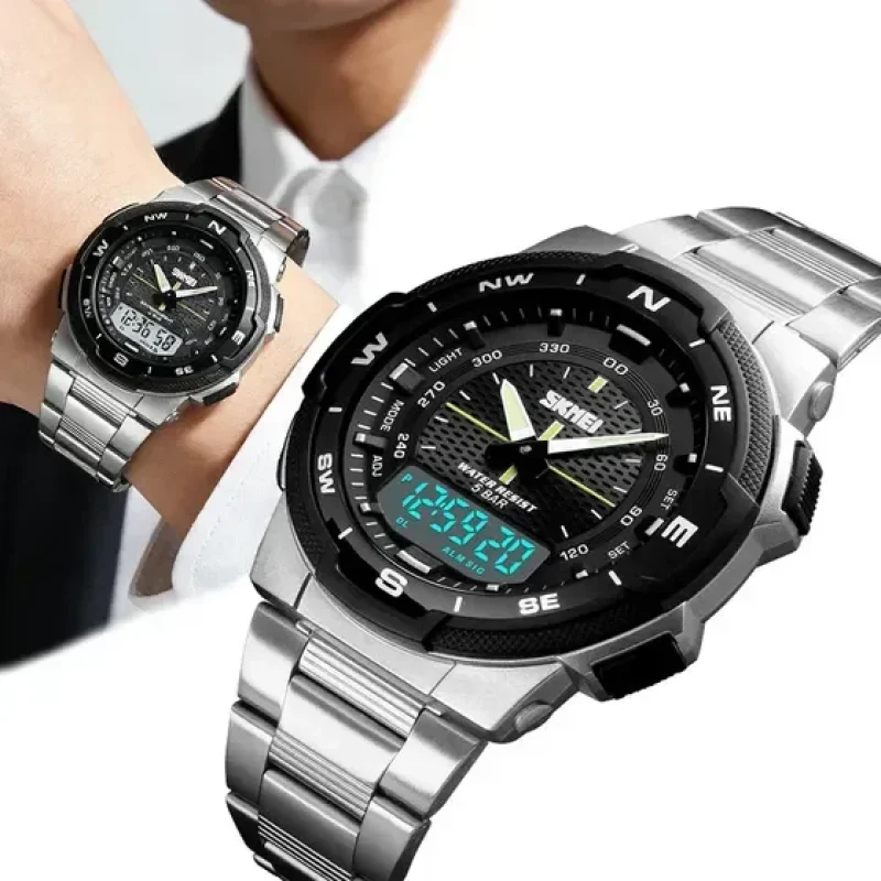 Relógio Masculino Digital Analogico Skmei 1370 À Prova D'água Esportivo Com Cronômetro/Alarme/Luz Noturna/Calendário,Pulseira Aço Inoxidável,Para Corrida,Academia,Traje Social,Uso Diário E Outdoor