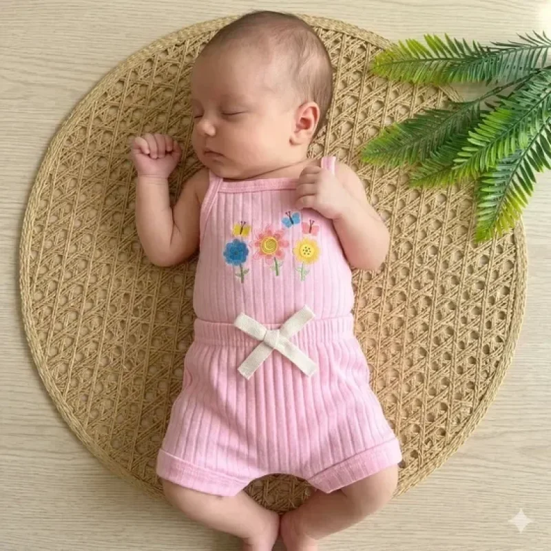 Roupinha De Bebê Menina Body Alcinha Short Algodão Canelado