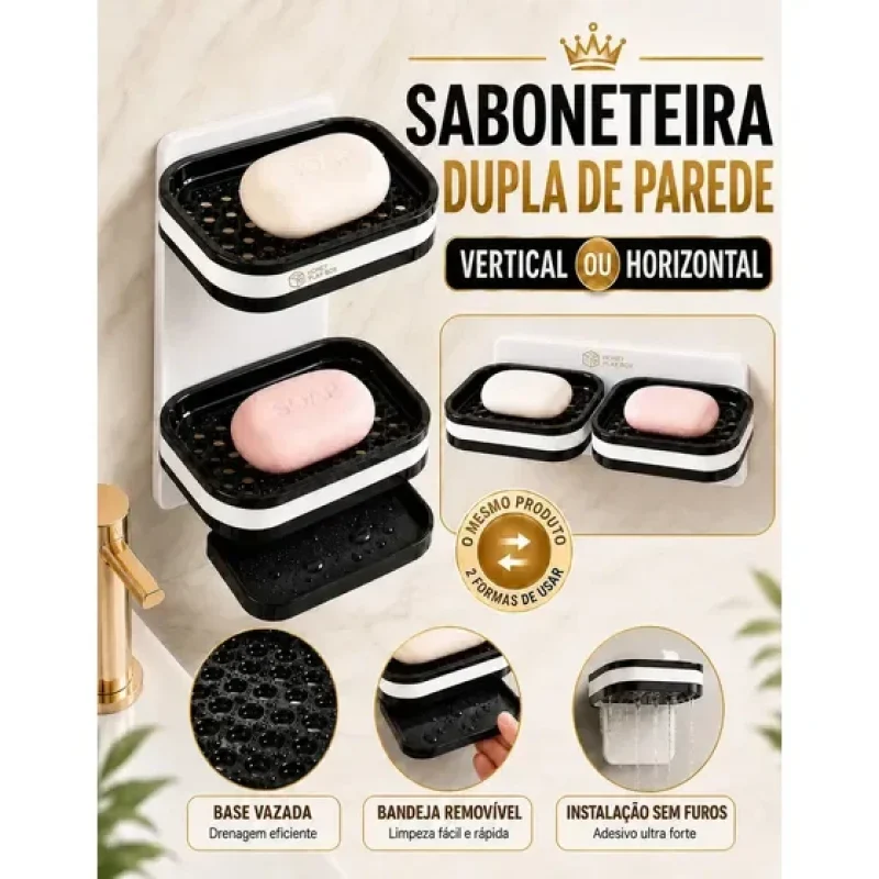 Saboneteira Dupla De Parede Com Adesivo Para O Banheiro E Box, Porta Sabonete Duplo Com Drenagem, Sem Furar, Plástico Pp Resistente, Organizador Para Cozinha E Lavabo - Honey Play Box