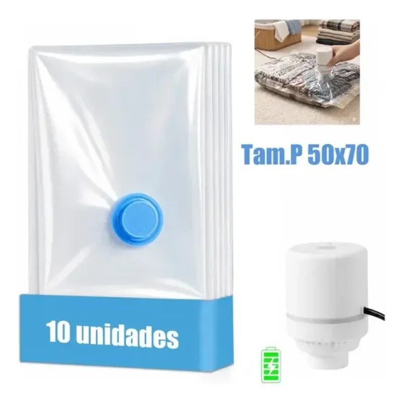 Sacos A Vácuo viagem Kit 10 Com Bomba Elétrica 50x70cm Organização Economiza Espaço Impermeável Organizador De Roupas Mala Mudunça Edredom