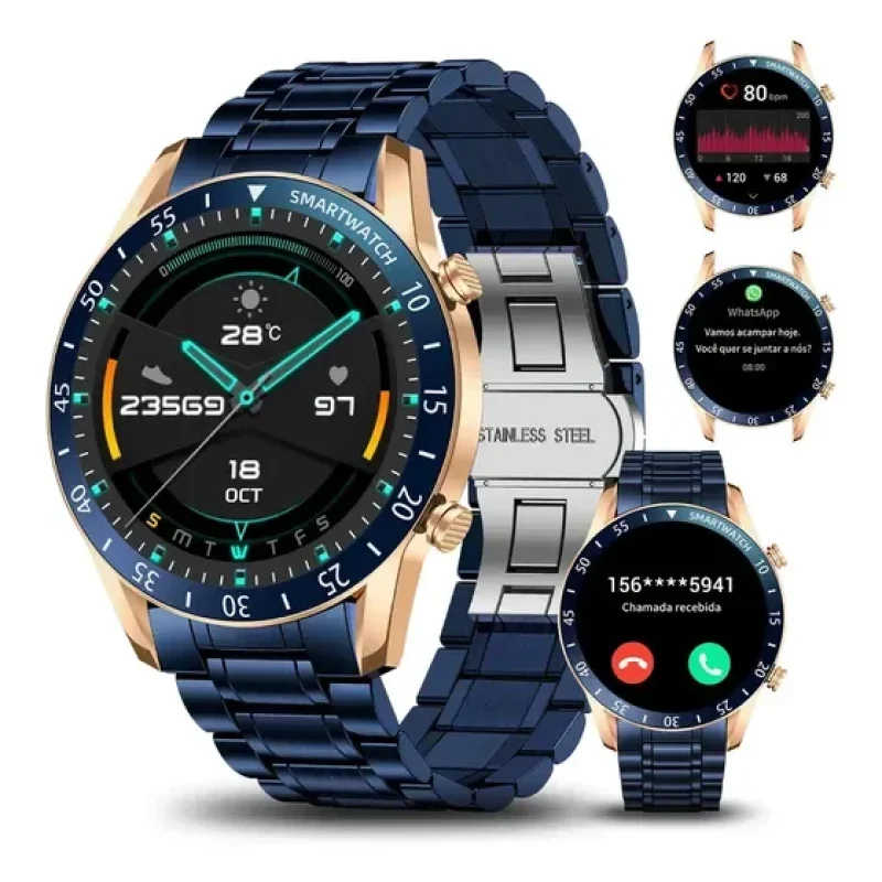 Smartwatch Foxbox Esportivo Clássico Para Homem Com Chamada Bluetooth, Monitor De Saúde E Pulseira De Aço Inoxidável Azul Ouro Rosa