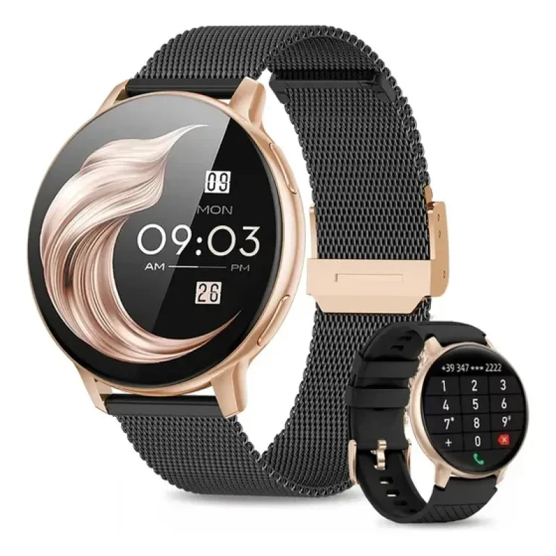 Smartwatch Foxbox Rosê Ouro De Aço Inoxidável Com Bluetooth E Tela Amoled De 1.39 Mesh Preto