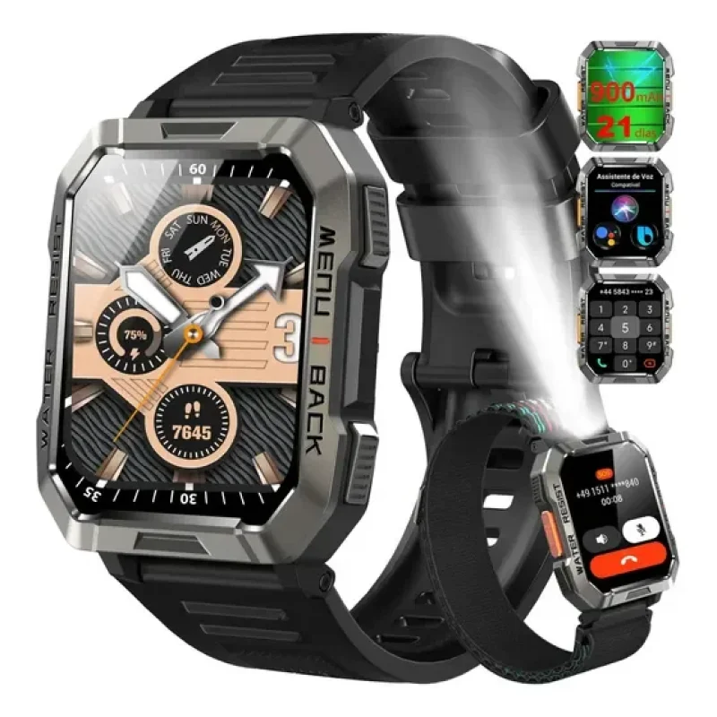 Smartwatch Militar Masculino com Bateria de 900mAh | Tela HD 2.1" | Bluetooth, Lanterna LED, à Prova d'Água | Assistente de Voz | Esportes e Ao Ar Livre