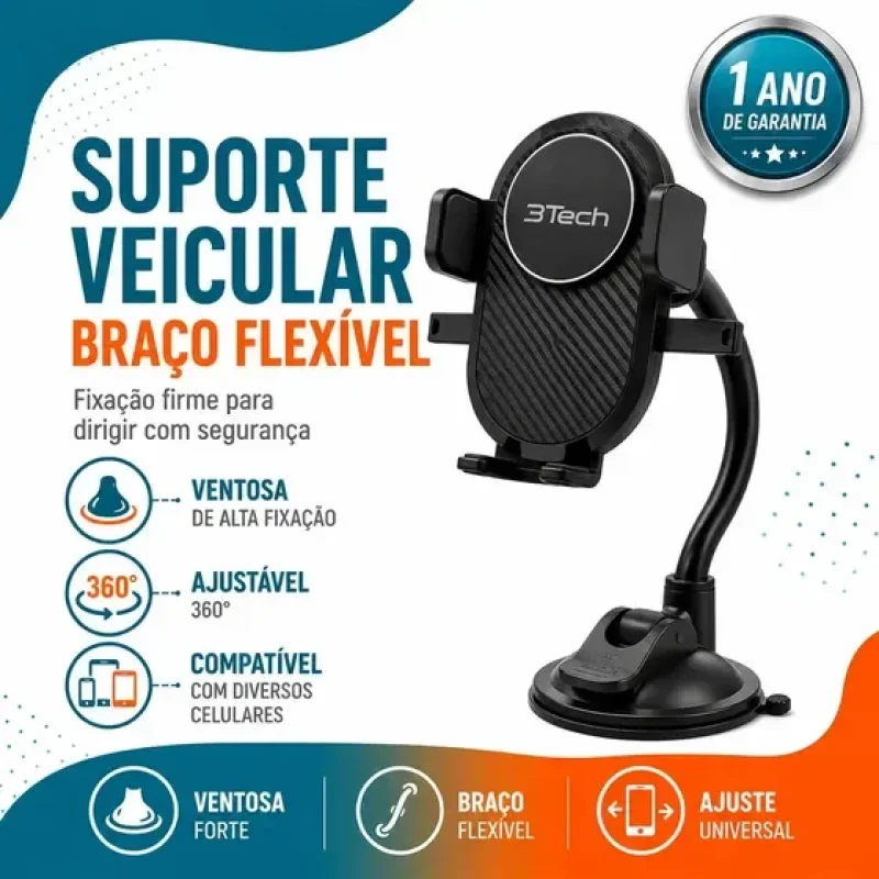 Suporte Celular Carro Veicular B-max 360° Ventosa Forte Painel Vidro Ajustável Universal Para Gps Smartphone Fixação Segura Compatível Vários Celulares