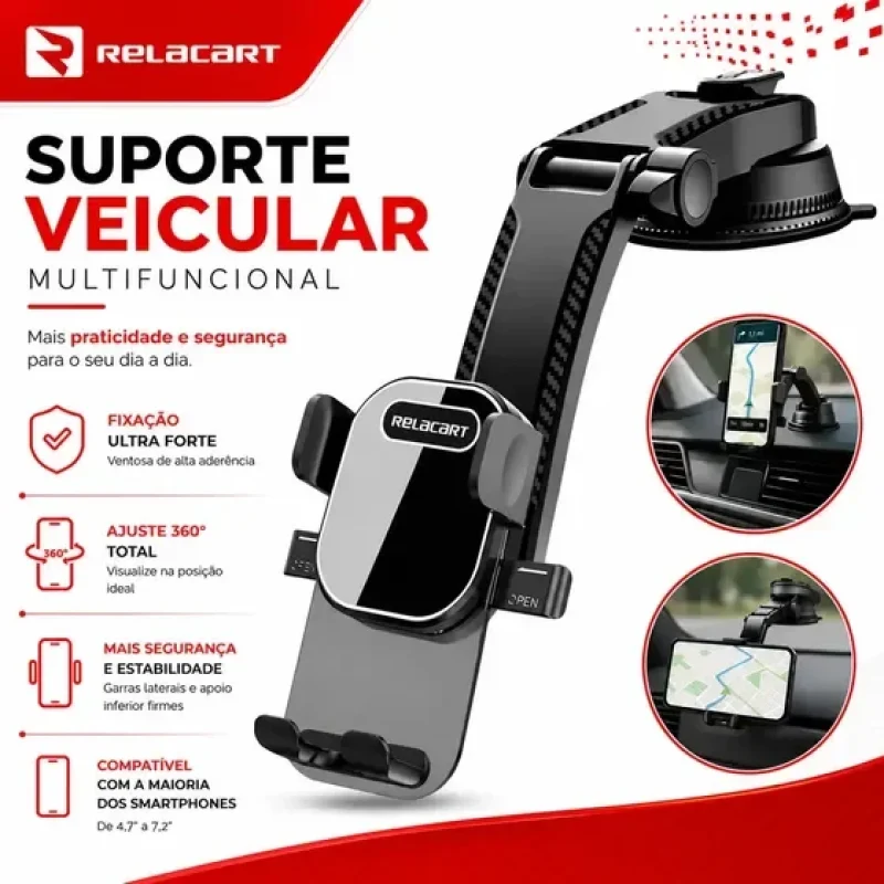 Suporte De Celular Veicular Automotivo 360º Universal Ajustável Com Ventosa Gruda No Painel Vidro Parabrisa Para Gps... Preto