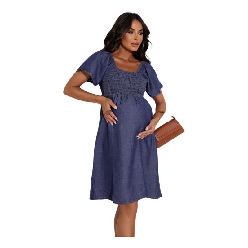 Vestido Curto Jeans Gestante Lastex Busto Amamentação Maternidade Elegante