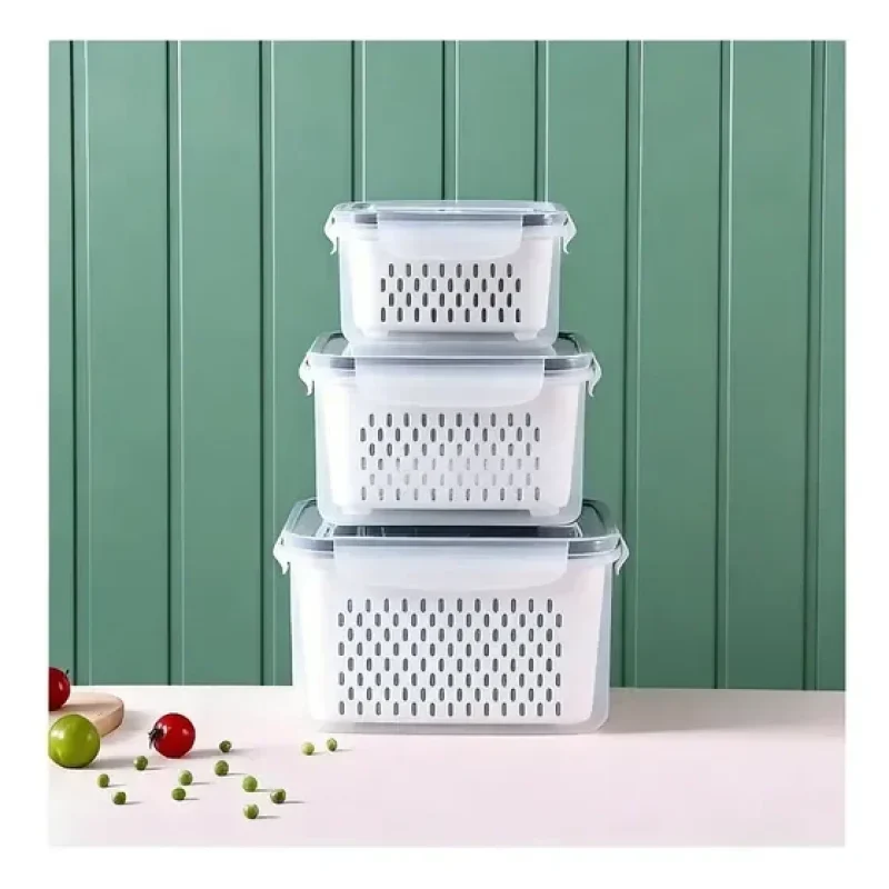 organizador geladeira kit 4 peças em Acrílico para Frutas com Cesto Drenante, 380ml 800ml 1700ml 3150ml organização de frutas e alimentos para cozinha residencial